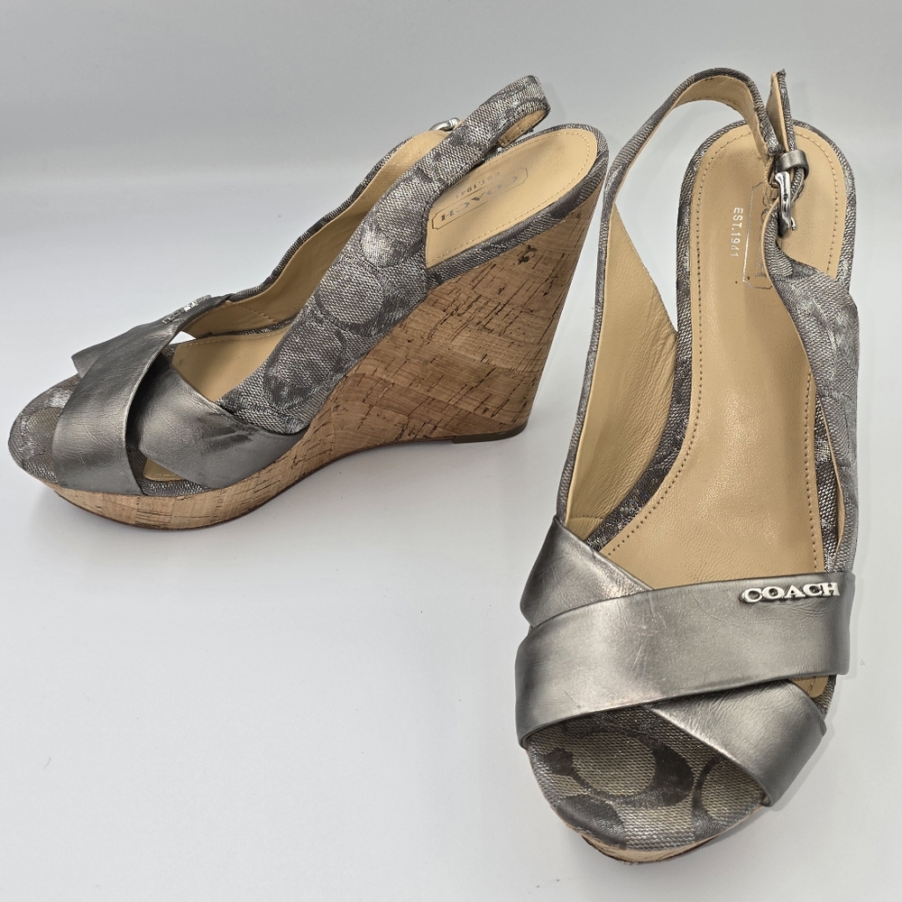 COACH A0055 Jessy Silver Grey Leather Cork Wedge Platform Heels Size 8B